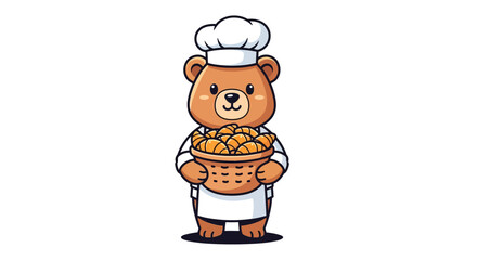 Obraz premium Cute cartoon bear chef holding a basket of croissants, illustration