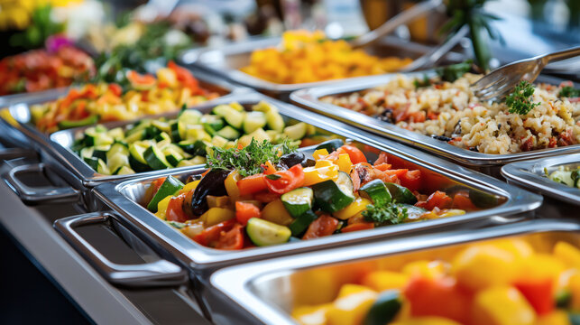 Catering buffet with a variety of warm Mediterranean vegetable dishes in stainless steel chafing pans