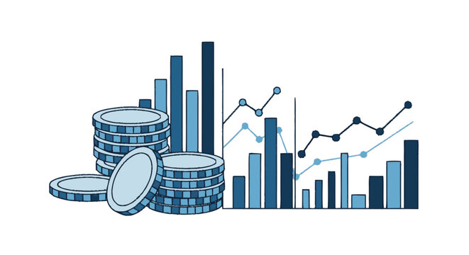 Hand-drawn graphic illustration of blue stacked coins and rising bar c