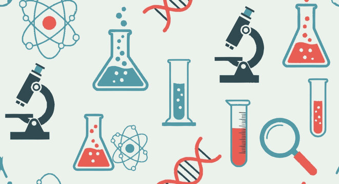 Hand-drawn seamless pattern of scientific instruments and symbols incl