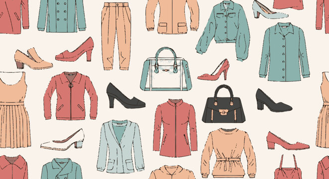 Hand-drawn seamless pattern of various women's fashion items including