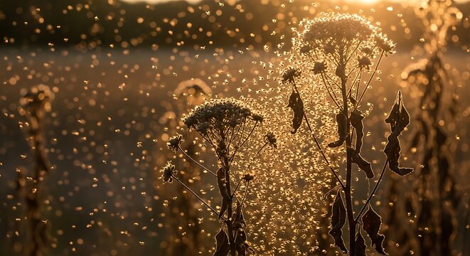 Swarm of insects flying around wildflowers in golden sunset light