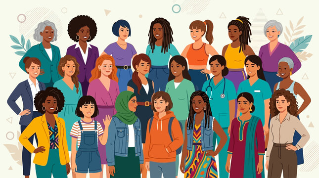 Global Sisterhood Vibrant illustration of diverse, empowered women from varied professions and backgrounds, united in strength, celebrating inclusivity