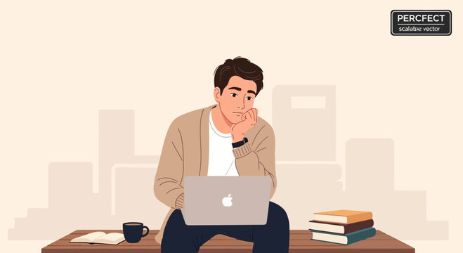 Bored young man with laptop and books sitting outdoors with city buildings in background