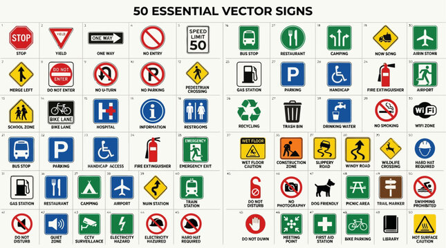 Collection of 50 essential vector signs for various purposes including traffic, safety, and accessibility