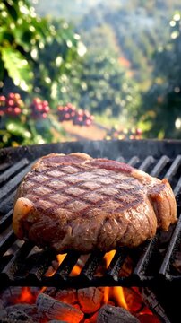 Grilled steak sizzles on outdoor barbecue with fire and greenery in background