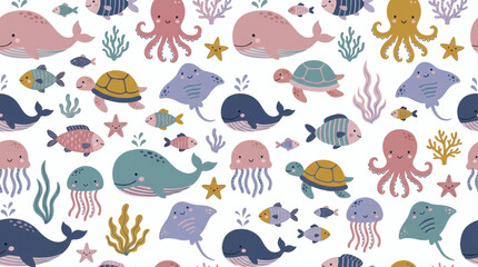 Obraz premium Seamless pattern of cute marine animals in pastel colors