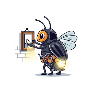 Cartoon Firefly Illustrator Hanging Picture on Brick Wall Artwork
