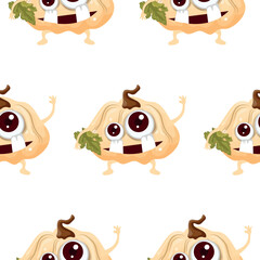 Fototapeta premium pattern with a set of icons of white pumpkin monster characters with different funny emotions and green leaves, for stickers, backgrounds, social networks or other holiday designs