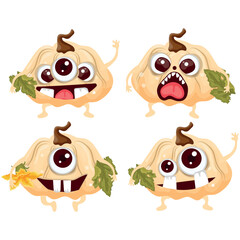 Naklejka premium set of icons of white pumpkin monster characters with different funny emotions and green leaves, icon for Halloween, for stickers, backgrounds, social networks or other holiday designs