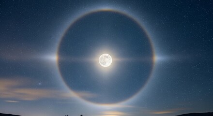 Moon halo in starry night sky with lunar corona and rainbow ring