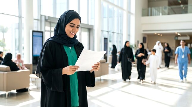 Smiling Muslim female healthcare worker in hijab reading documents in a modern hospital atrium