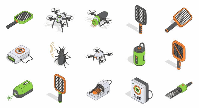 Collection of isometric icons representing pest control devices and technology, including drones, bug zappers, and traps.