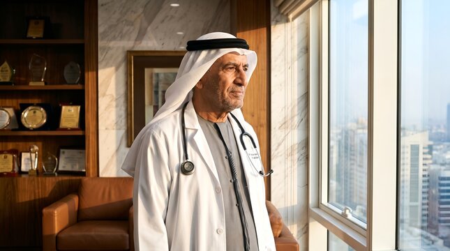 Experienced Arab physician wearing traditional headwear and stethoscope looking out high-rise office window