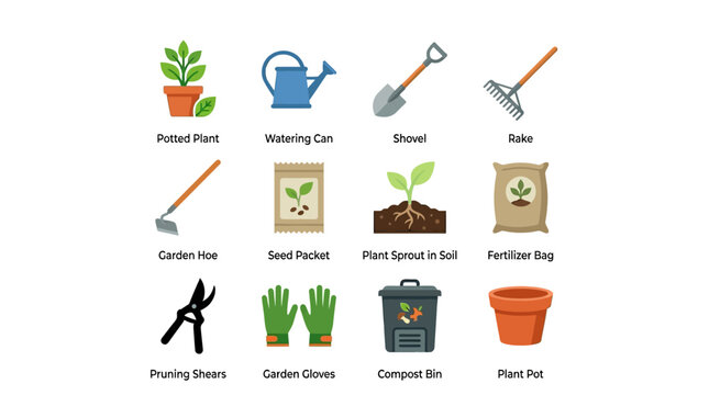 Premium flat minimal vector icon set of 12 gardening and plant care elements: potted plant, watering can, shovel, rake, garden hoe, seed packet, plant sprout in soil, fertilizer bag, pruning shears