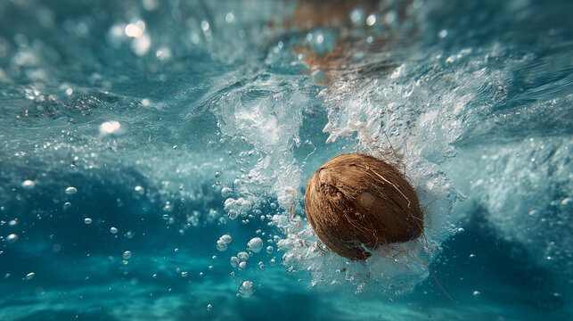NOCE DI COCCO INTERA CHE CADE NELL'ACQUA TROPICALE CON SPRUZZI E BOLLE D'ARIA, CONCETTO DI FRESCHEZZA ESOTICA 