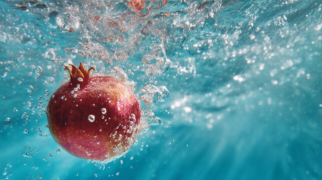 MELOGRANO INTERO FRESCO CHE CADE SOTT'ACQUA CON SPRUZZI E BOLLE D'ARIA SU SFONDO AZZURRO 