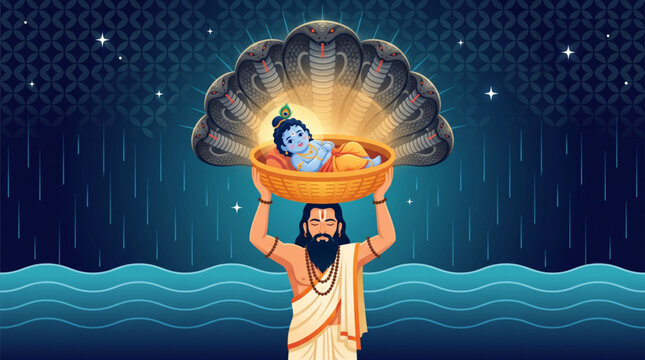 Baby Krishna Under Sheshnag Protection Crossing River Janmashtami Festival Illustration for Greeting Design