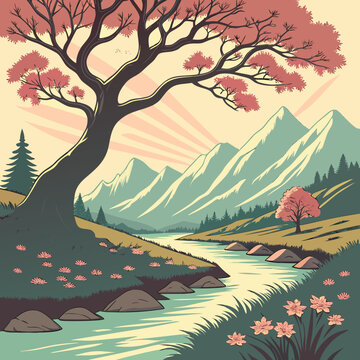 Large tree with pink flowers in a mountain landscape with a river mountain landscape environment greenery sunlight peaceful tranquil relaxing beautiful picturesque wilderness outdoors
