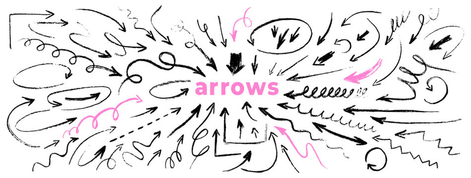 Black crayon doodle arrows collection. Scribble playful comic navigation, direction pointer Hand drawn vector thin pencil arrows on transparent background for scrapbooking, notes, school sketch design