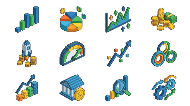 Collection of Isometric Business and Finance Icons with Charts and Money.