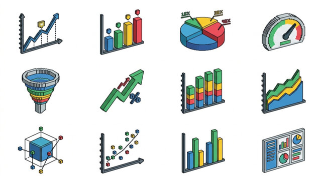 Collection of isometric business charts and graphs icons.