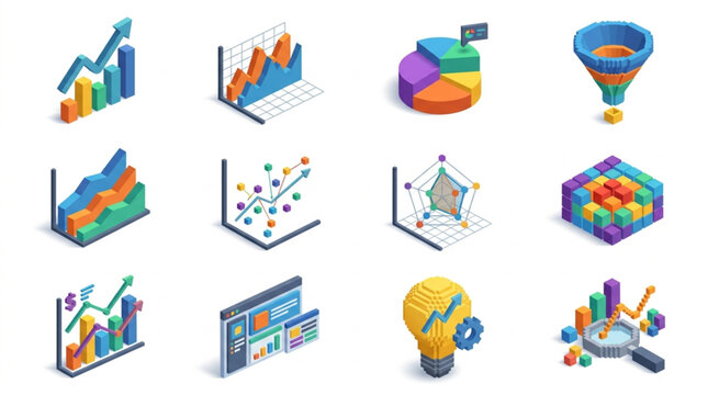 Collection of Isometric Business Data Charts and Graphs Icons.