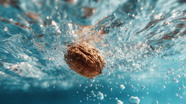 NOCE INTERA CHE CADE  IN ACQUA FRESCA E LIMPIDA CON SPRUZZI E BOLLE D'ARIA, CONCETTO DI FRESCHEZZA E ALIMENTAZIONE SANA 