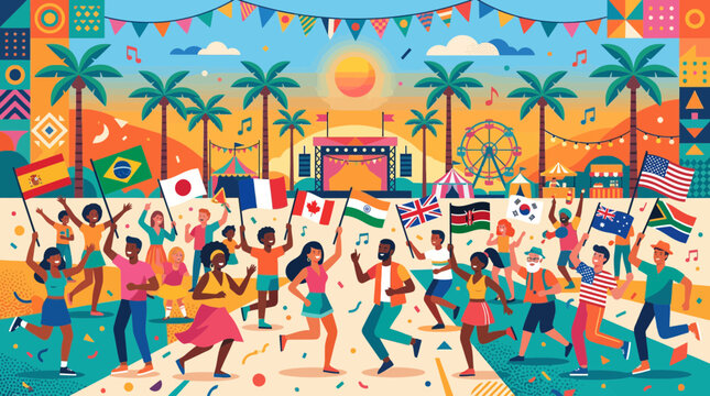 Diverse crowd celebrates at outdoor festival with flags from around the world