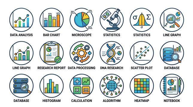 Data analysis and scientific research colorful icon collection