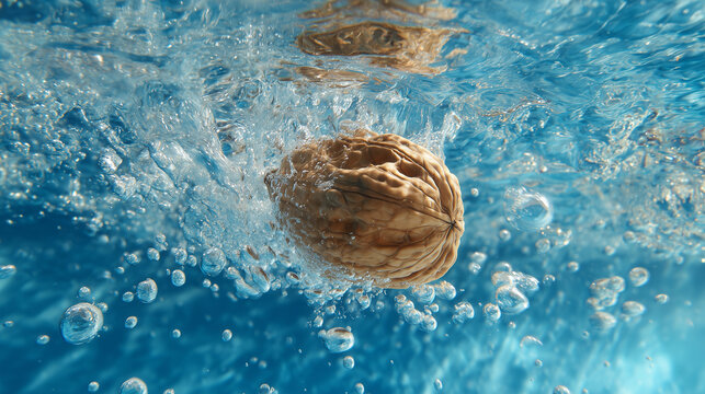 NOCE INTERA CHE CADE  IN ACQUA FRESCA E LIMPIDA CON SPRUZZI E BOLLE D'ARIA, CONCETTO DI FRESCHEZZA E ALIMENTAZIONE SANA 