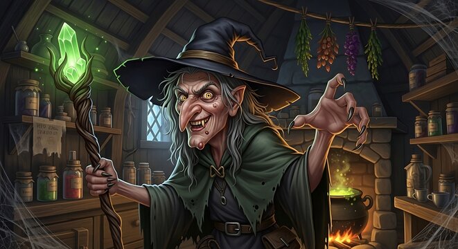 Sinister old witch holding a glowing green magic staff in her lab