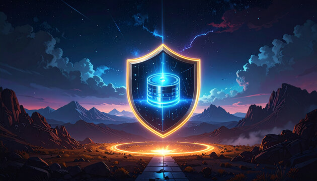 Futuristic shield with glowing blue cylinder on pathway in mountainous landscape