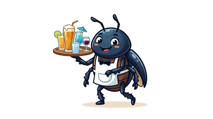 Fototapeta premium Cute beetle waiter serving drinks on a tray
