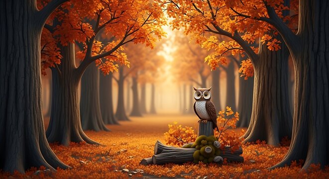 Wise owl perched on a fallen log in a glowing autumn forest