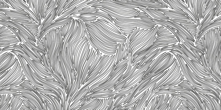 An abstract, monochromatic line art pattern consisting of densely packed, flowing wavy curves resembling organic forms like hair or wind.