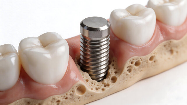 Dental implant in jaw model emphasizing compassionate care and recovery