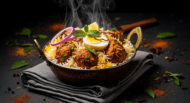 Delicious steaming chicken biryani served in a traditional copper bowl with garnishes