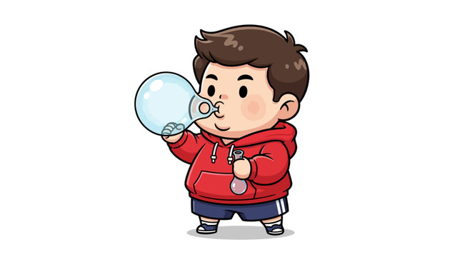 Cute cartoon boy blowing a giant bubble gum.