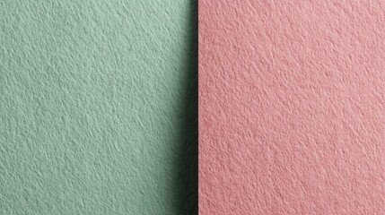 Fototapeta premium A textured wall with a split design, featuring pastel green on the left and pastel pink on the right, abstract color combo background