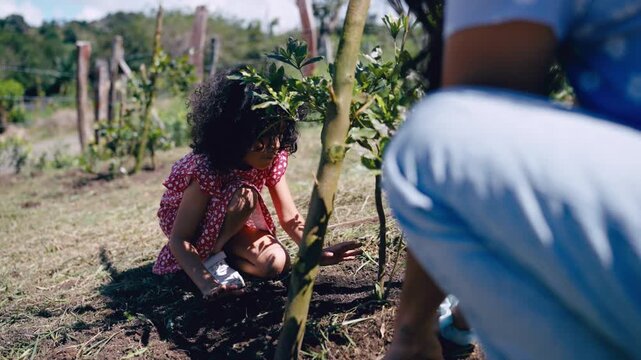 Latina mother teaching her young daughter how to plant a tree sapling. They are working together in a garden on a beautiful sunny day