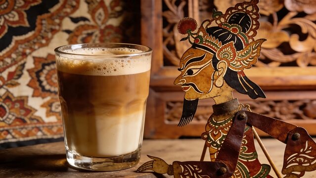 Traditional Javanese Wayang Kulit Shadow Puppet Next to a Glass of Layered Iced Coffee