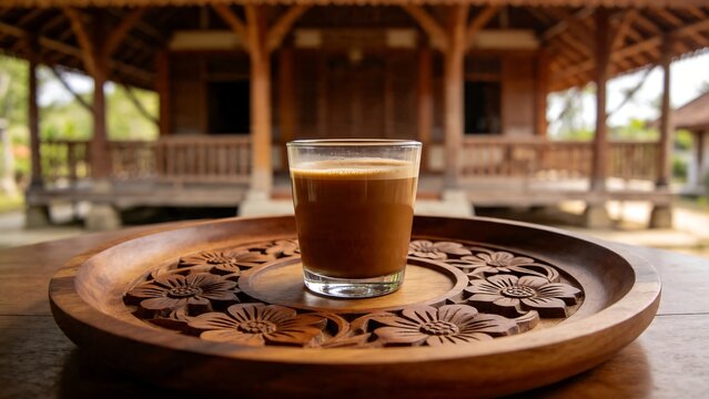 Traditional glass of coffee with milk served on a carved wooden tray in front of a classic Indonesian wooden house architecture