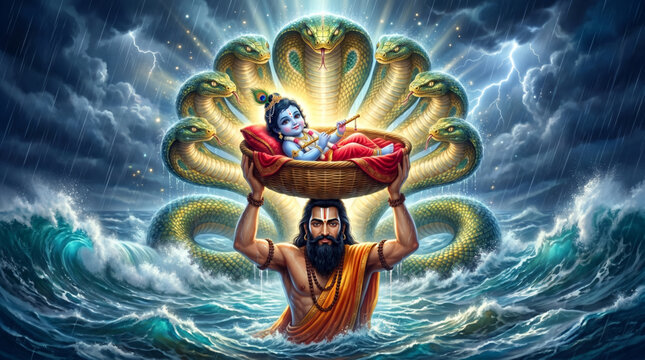 Vasudeva Carrying Baby Krishna Under Sheshnag Protection Across Stormy River Janmashtami Artwork