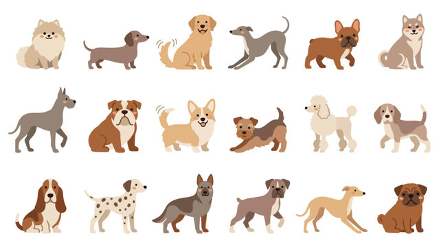 Collection of various dog breeds in a flat design style, showcasing different sizes and appearances.