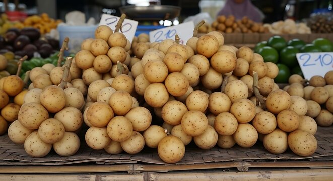 Bunches of fresh langsat fruit for sale at a southeast asian market