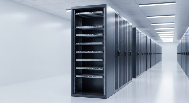 Server Rack Standing Empty in a Modern Illuminated Data Center Room