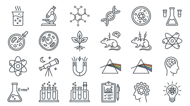 Diverse scientific research and physics line icon set