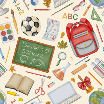 Watercolor seamless pattern with school backpack, chalkboard, laptop, globe and stationery. Hand drawn back to school background with diverse learning elements, lab equipment and soccer ball.