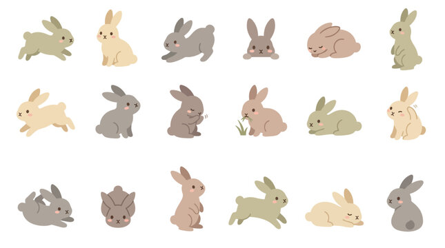 Collection of cute cartoon rabbits in various poses and colors, perfect for Easter and spring themes.